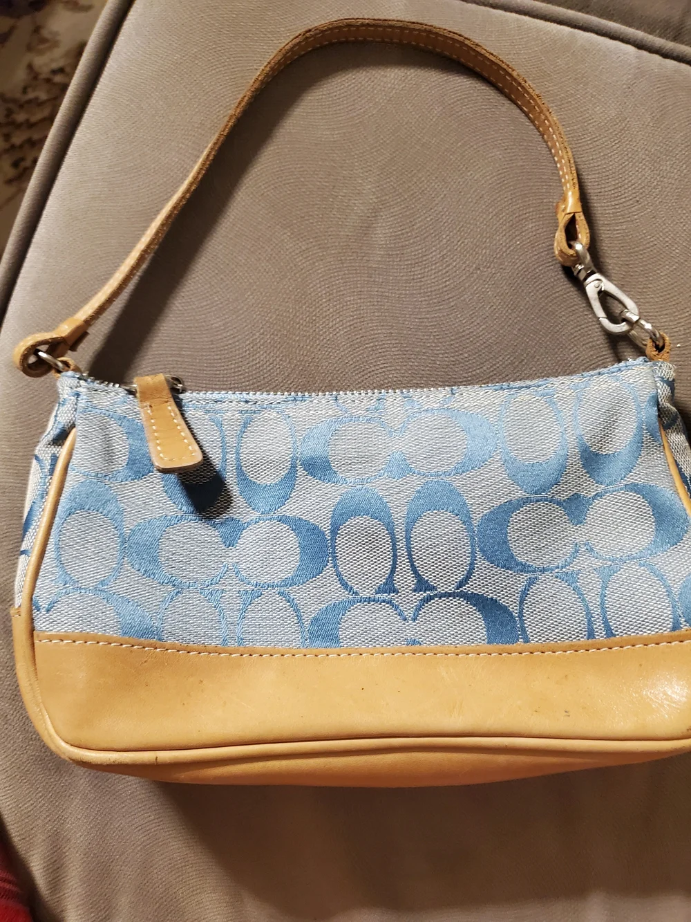 Y2k Coach Blue Signature Canvas and Tan Leather Shoulder Bag